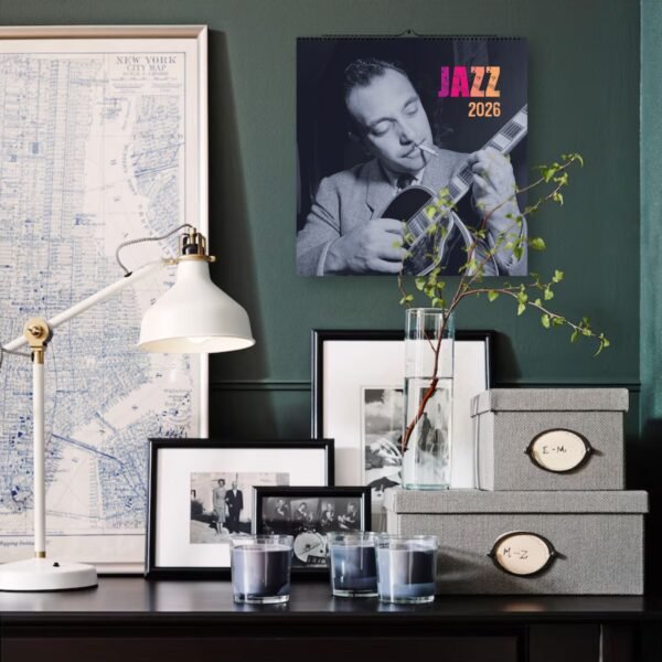 Jazz 2026 calendar on sophisticated desk setup.
