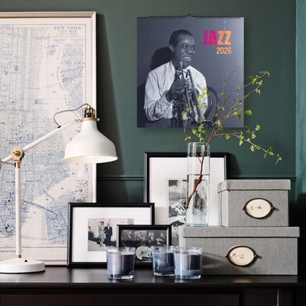 Desk with jazz calendar and photos