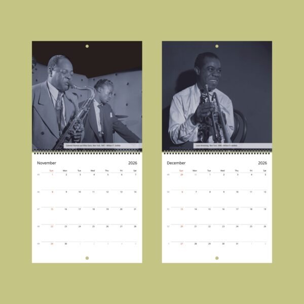 Jazz musicians on a 2026 calendar page.