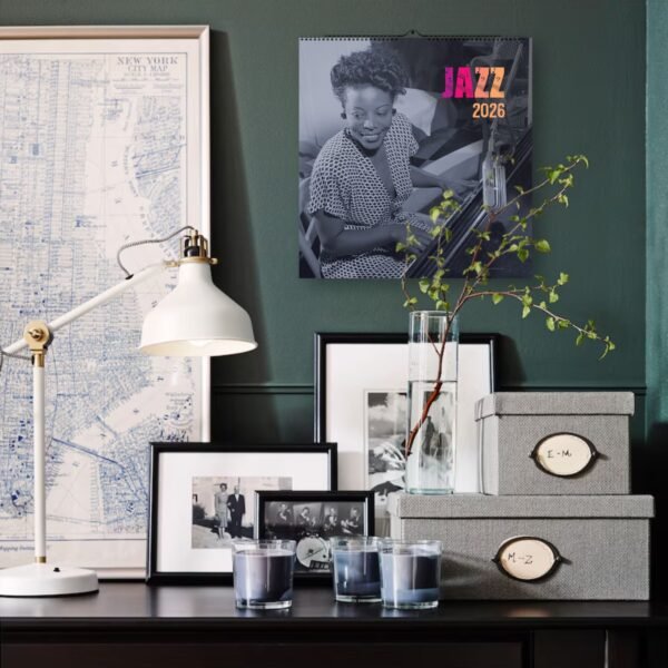 Stylish office with jazz calendar and decor.