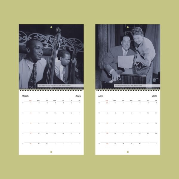 March and April 2026 calendar with jazz musicians.