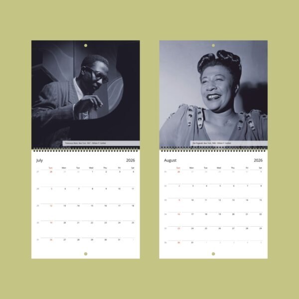 2026 calendar featuring classic jazz musicians.