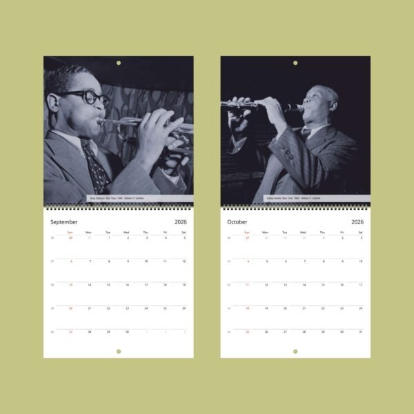 2026 calendar with musicians, September and October pages.