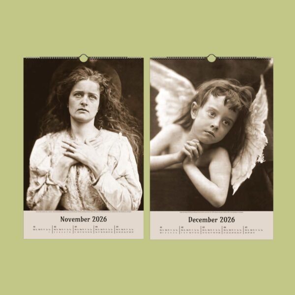 Vintage calendar with angelic portraits for November, December 2026.