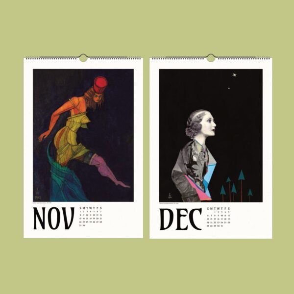November and December art calendar pages with illustrations.