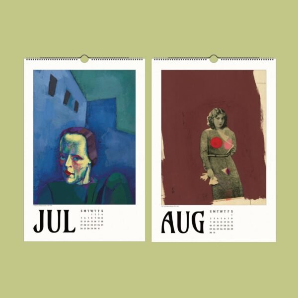Artistic July-August calendar with abstract portraits.
