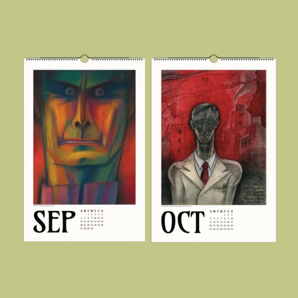 Colorful abstract face and monochrome suited figure illustrations.