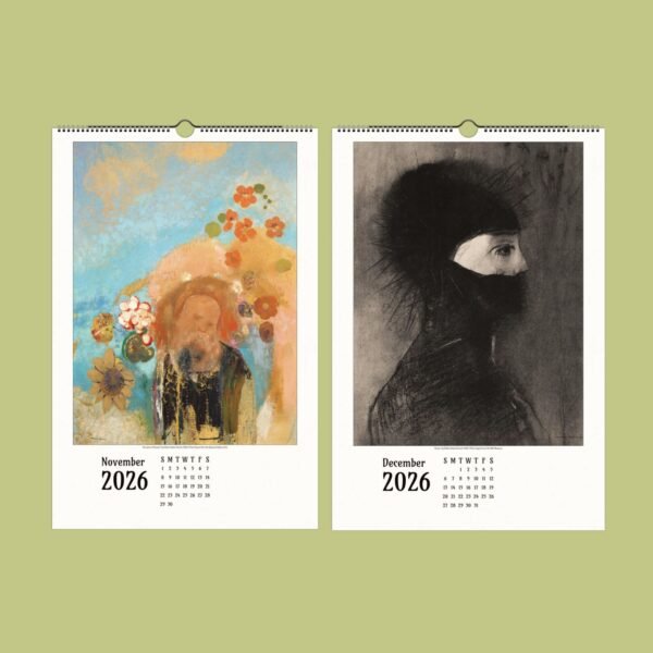 2026 calendar with colorful and monochrome illustrations.