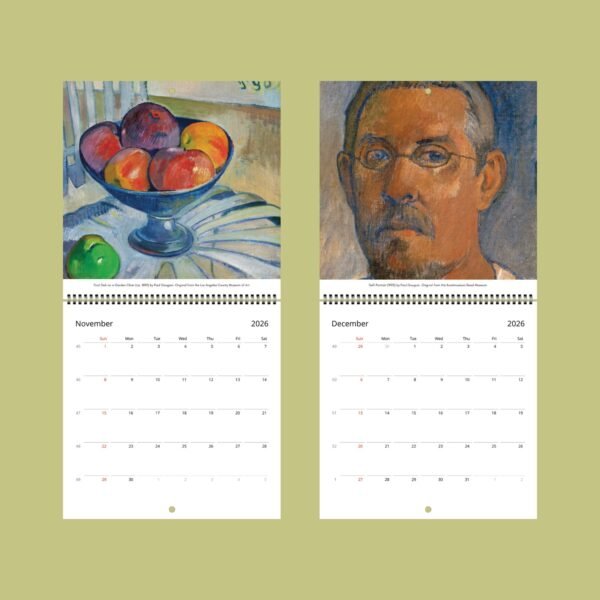 2026 art calendar featuring Gauguin paintings for November-December.