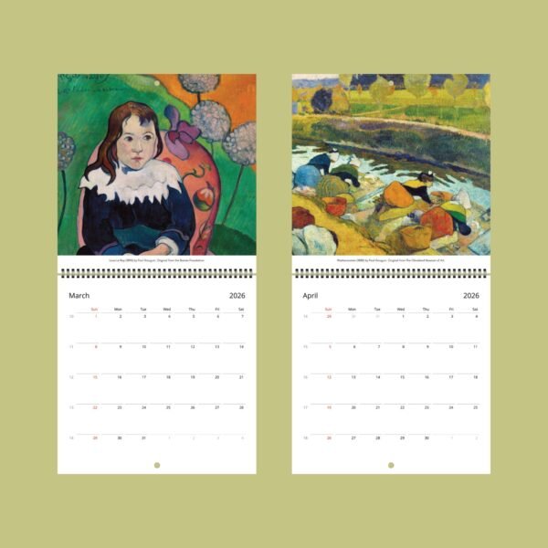 2026 calendar with art for March and April.