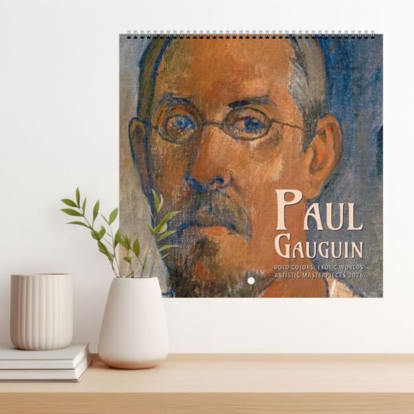 Paul Gauguin calendar 2024 on a wooden shelf.