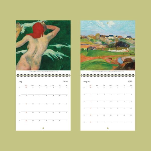 2026 calendar showing July and August artworks.