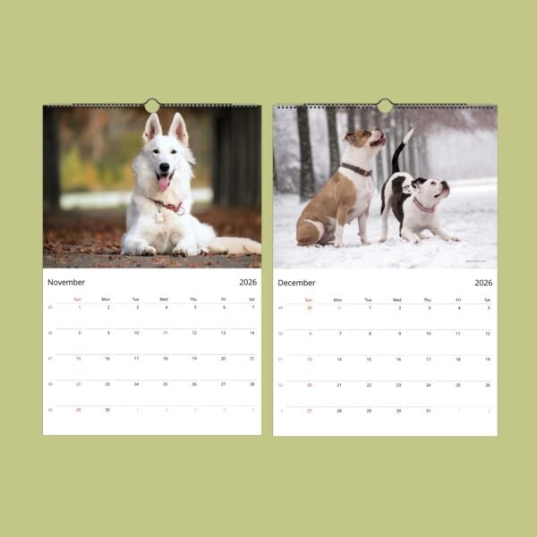 2026 calendar featuring dogs for November and December.