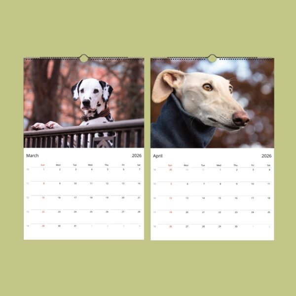 2026 calendar with dogs for March and April.