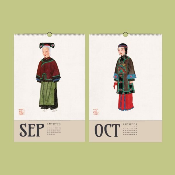 September and October calendar pages with traditional attire.