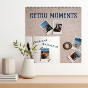 Retro photo calendar and journals on a desk
