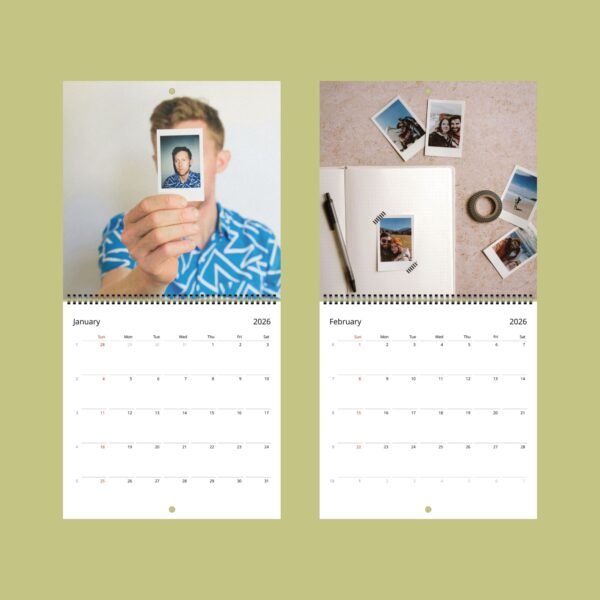 2026 calendar with polaroid photos and notebook.