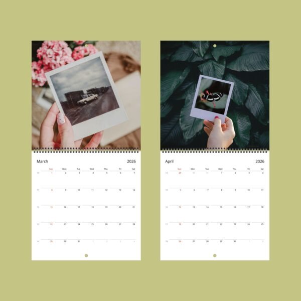 Photo calendar with March and April 2026 pages.
