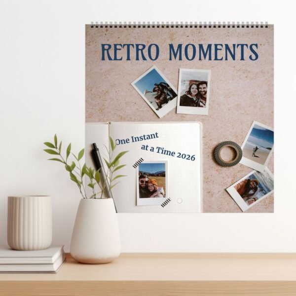 Retro photo calendar and journals on a desk