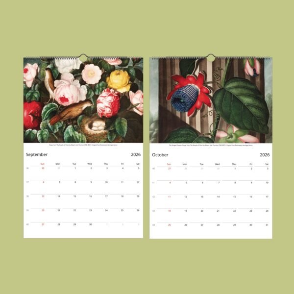 2026 calendar with floral illustrations, September and October.