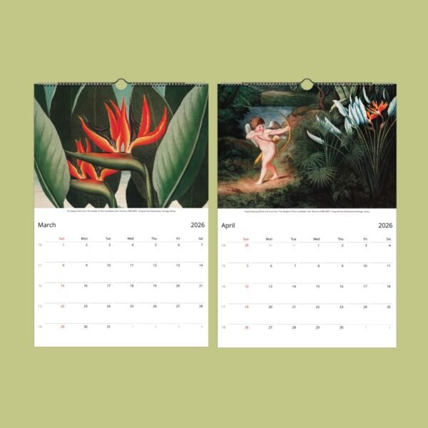 Botanical-themed calendar pages for March and April 2026.