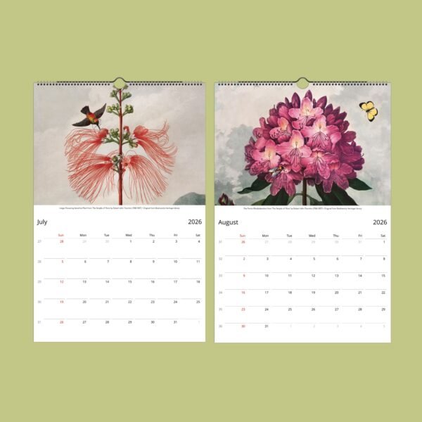 2026 calendar pages with floral illustrations.