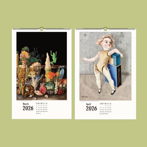 March April 2026 calendar with artworks.