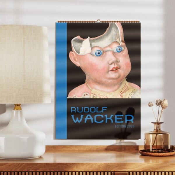 Surreal portrait calendar on wall beside lamp.
