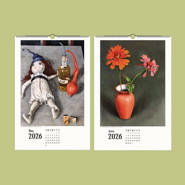 2026 calendar with doll and flowers illustrations.