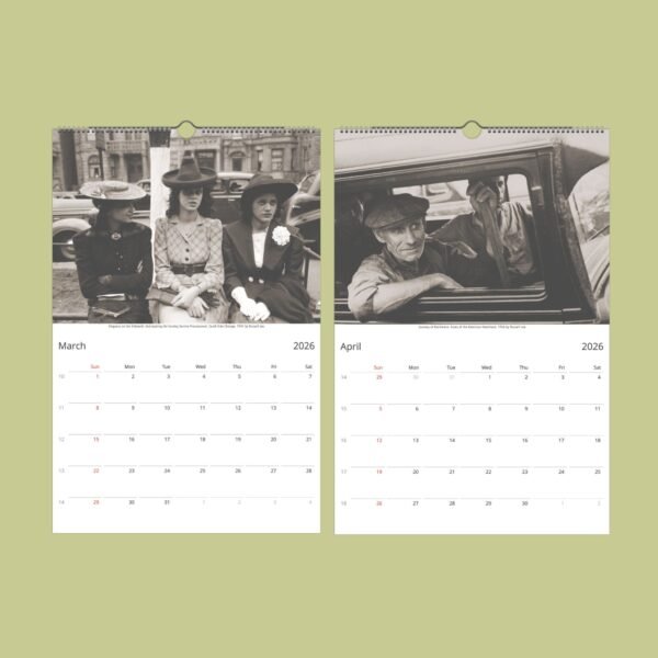 Vintage calendar, March and April 2026 pages displayed.