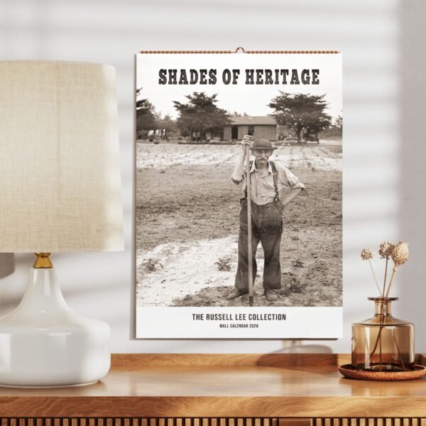 Vintage farmer photo on wall calendar display.