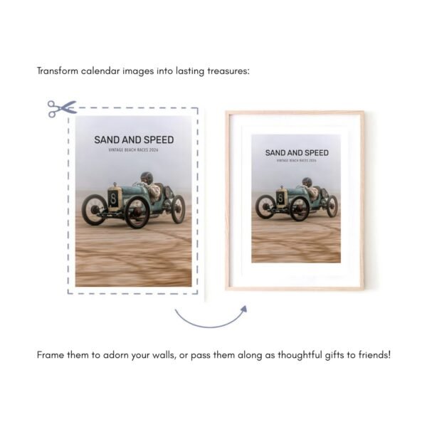 Vintage race car calendar transformed into framed art.