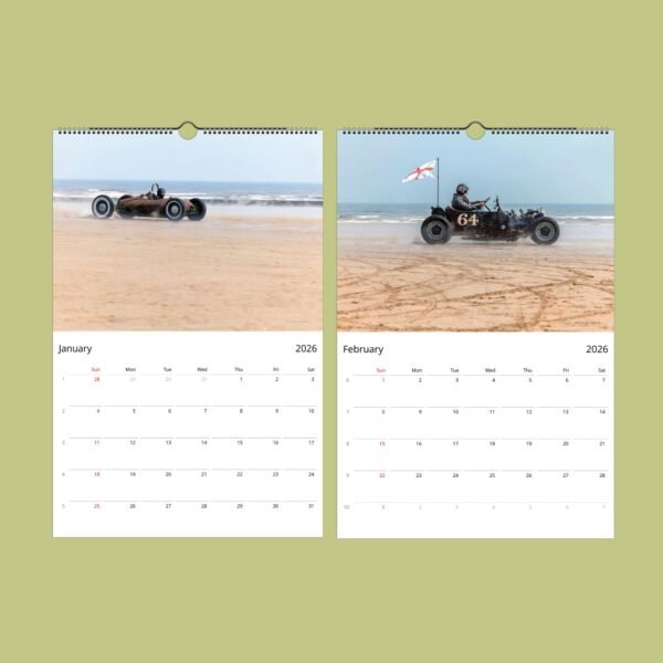 Vintage cars racing on beach calendar 2026.