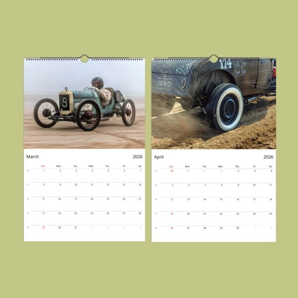 Vintage racing car calendar for March-April 2026.