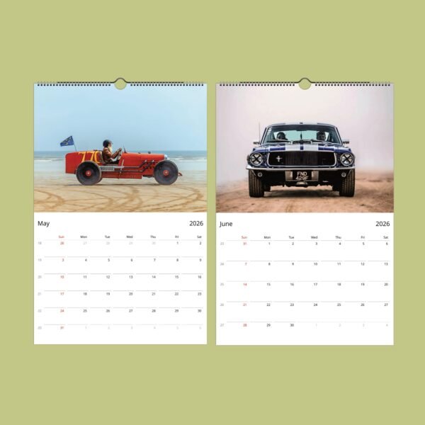 2026 calendar with vintage cars for May and June.
