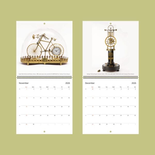 2026 calendar with artistic vintage clocks.