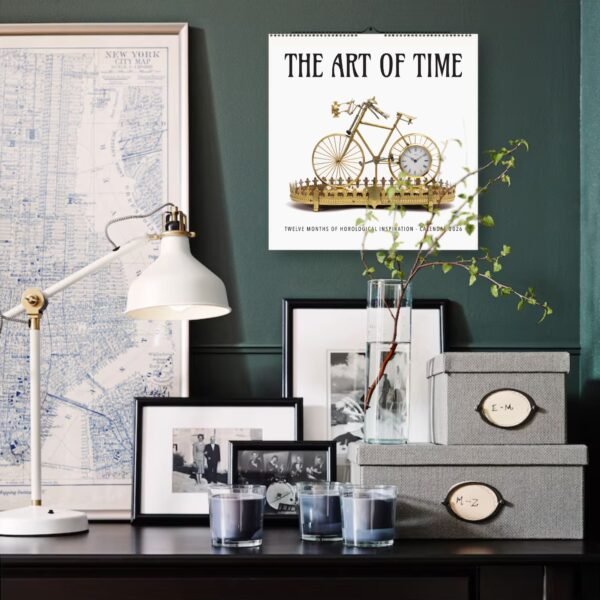 Decor and calendar on a dark desk with map.