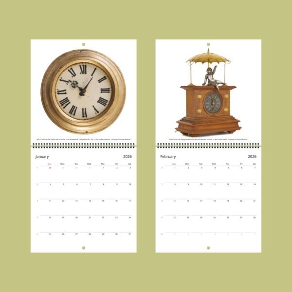 2026 calendar with vintage wall and table clocks.