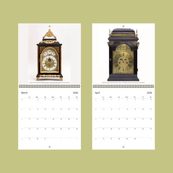Vintage clock calendar, March and April 2026 pages.