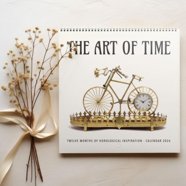 2026 calendar featuring artistic clock bicycle design.