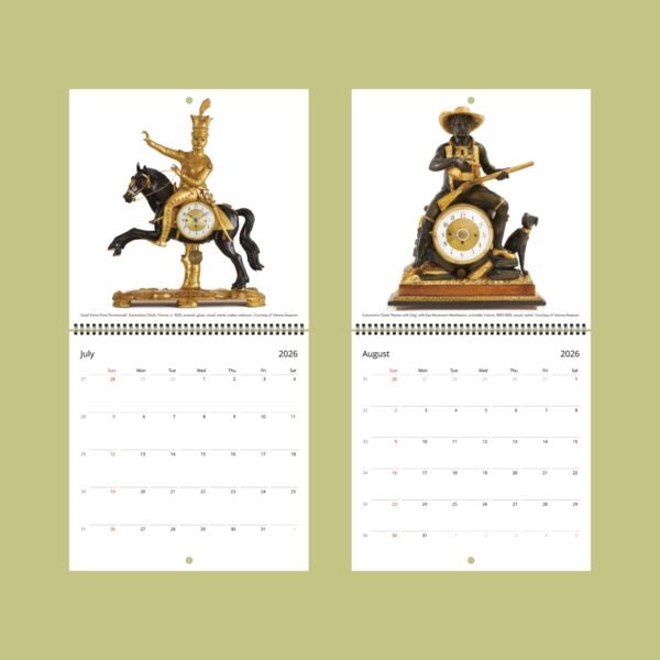 Antique clock statues for July and August 2026 calendar.