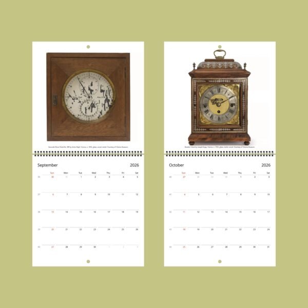 2026 calendar showing vintage clocks for September, October.
