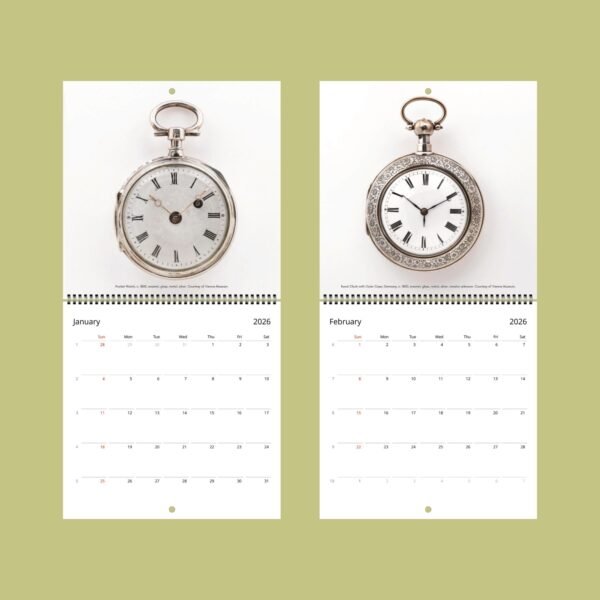 2026 calendar with vintage pocket watches.