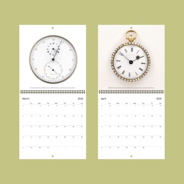 2026 calendar featuring antique clocks for March and April.