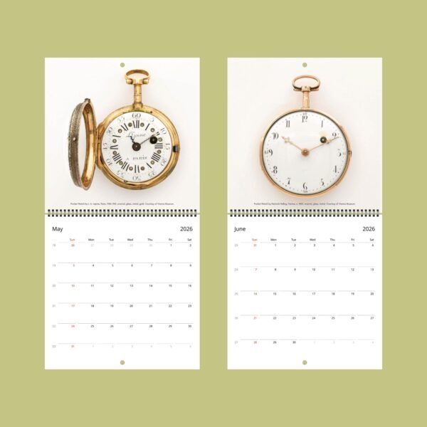 2026 calendar with antique pocket watches for May, June.