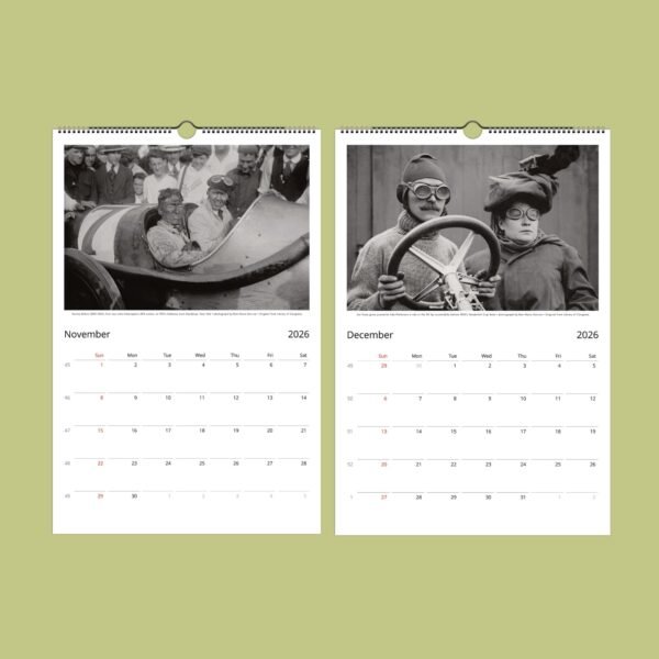 Vintage car calendar, November and December 2026.
