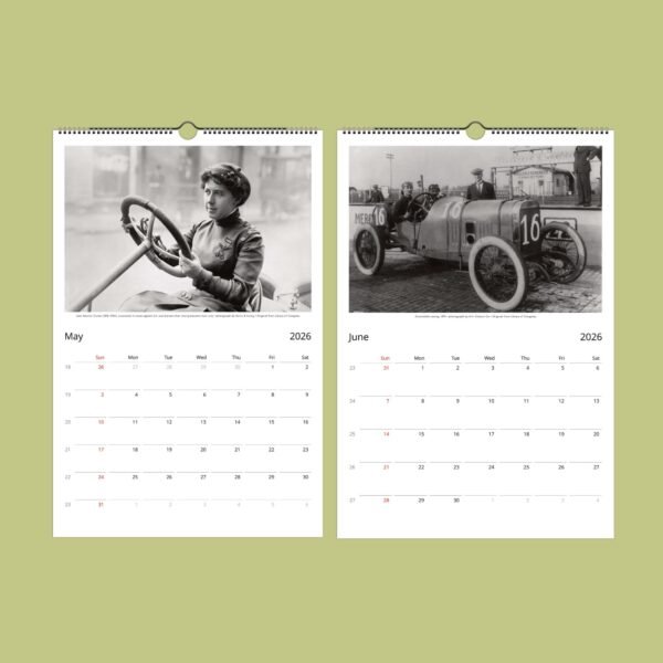 Vintage car race calendar, May-June 2026 pages.