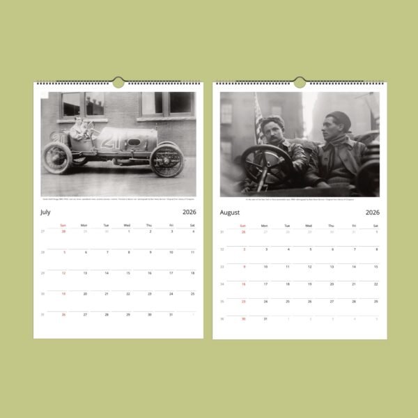 2026 calendar featuring vintage car racing photographs.