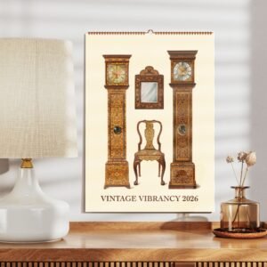 2026 vintage decor calendar with clocks and chair