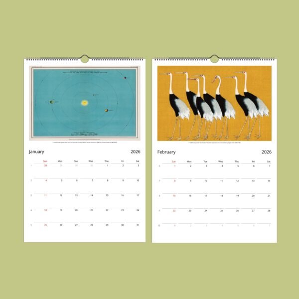 2026 calendar with artwork on January and February pages.